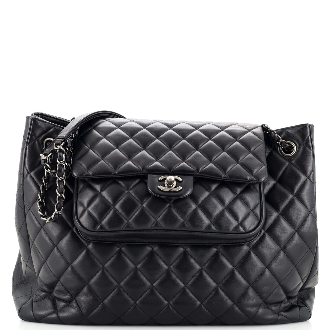Chanel Classic Flap Shopping Tote Quilted Caviar Large: Chanel Classic Flap Shopping Tote Quilted Caviar Large Exterior Color: Black Interior Color: Black Exterior Material: Leather Interior Material: Fabric Hardware Color: Aged Silver Accessories: No