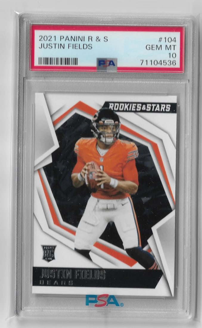 graded 2021 panini rookies & stars justin fields #104 rookie RC card PSA 10 mint: graded 2021 panini rookies & stars justin fields #104 rookie RC card PSA 10 mint Graded 2021 Panini Rookies & Stars Justin Fields #104 Rookie RC Card PSA 10 Mint