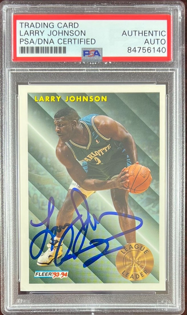 Larry Johnson auto 1993 Fleer #223 card Charlotte Hornets PSA Encapsulated: Larry Johnson auto 1993 Fleer #223 card Charlotte Hornets PSA Encapsulated Larry Johnson auto 1993 Fleer #223 card Charlotte Hornets PSA Encapsulated
