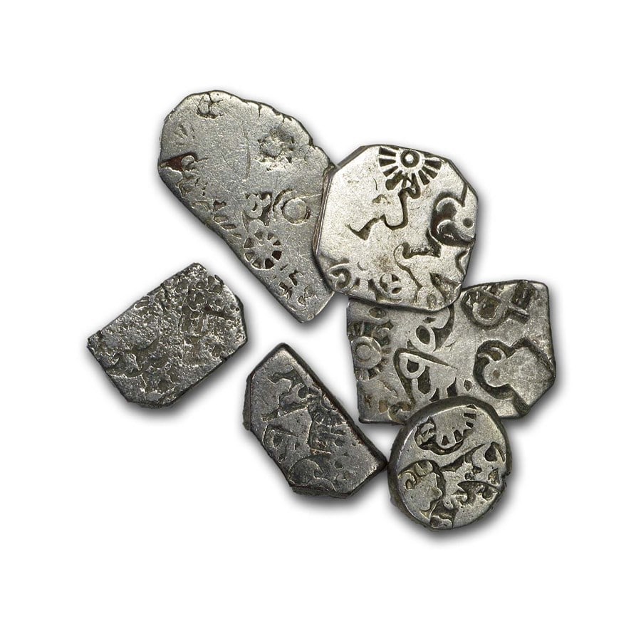 Mauryan Empire Silver Karshapana (322-185 BC) Fine: Mauryan Empire Silver Karshapana (322-185 BC) Fine Product ID: 173410 Year: 322-185 BC Grade: Fine Grade Service: None Mint Mark: Not Shown Metal Content: 0.18 troy oz Purity: N/A