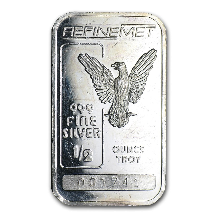 1/2 oz Silver Bar - Secondary Market: 1/2 oz Silver Bar - Secondary Market Product ID: 36305 Year: N/A Grade: None Grade Service: None Mint Mark: N/A - Not Available Metal Content: 0.5 troy oz Purity: .999 Thickness:
