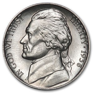 1938 Jefferson Nickel BU: 1938 Jefferson Nickel BU Product ID: 6379 Year: 1938 Grade: Brilliant Unc Grade Service: None Denomination: 5 Cents Mint Mark: P - Philadelphia (Not Shown) Metal Content: 0 troy oz