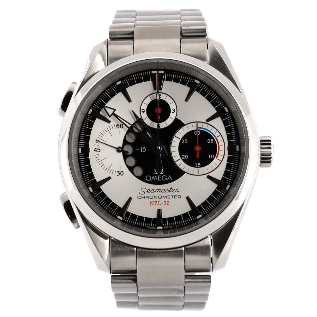 Omega Seamaster NZL-32 Chrono Automatic Watch Stainless Steel 42: Omega Seamaster NZL-32 Chrono Automatic Watch Stainless Steel 42 Dial Color: Silver Band Color: Silver Band Material: Stainless Steel Case Material: Stainless Steel Bezel Material: Stainless Steel