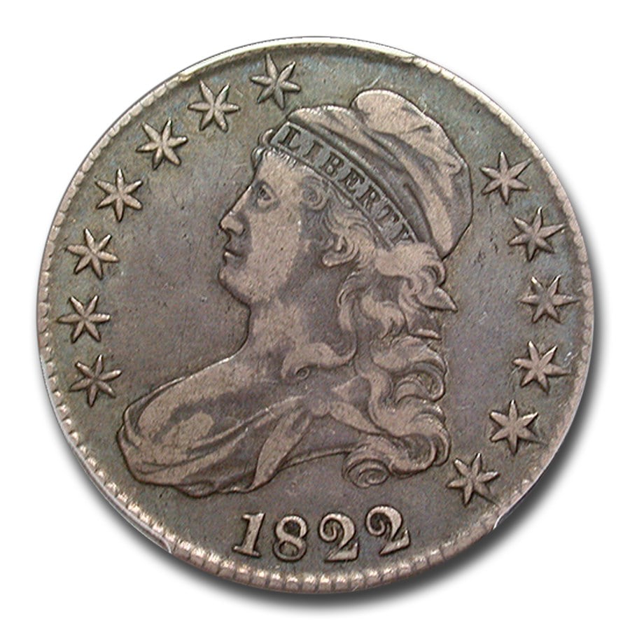 1822 Bust Half Dollar VF-25 PCGS: 1822 Bust Half Dollar VF-25 PCGS Product ID: 116204 Year: 1822 Grade Service: PCGS Denomination: 50 Cents Metal Content: 0.3868 troy oz Purity: .8924 Thickness: 2.15 mm Diameter: