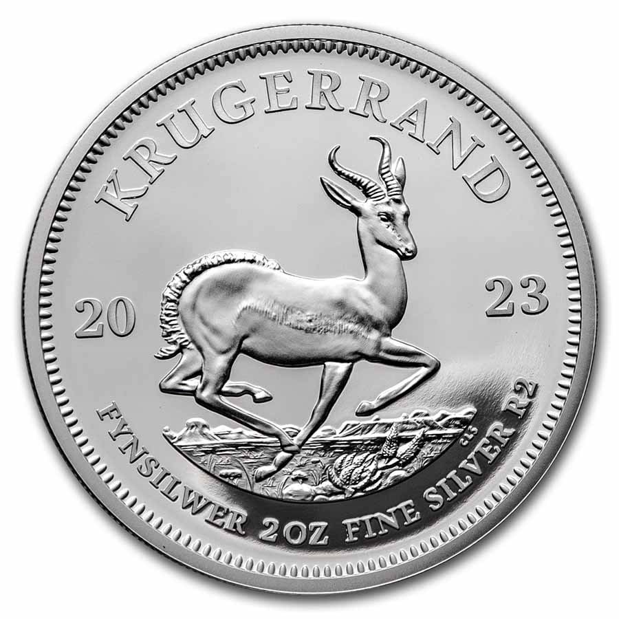 2023 South Africa 2 oz Silver Krugerrand Proof: 2023 South Africa 2 oz Silver Krugerrand Proof Product ID: 263290 Year: 2023 Grade: Proof Grade Service: None Denomination: 2 Rands Mint Mark: Not Shown Metal Content: 2 troy oz