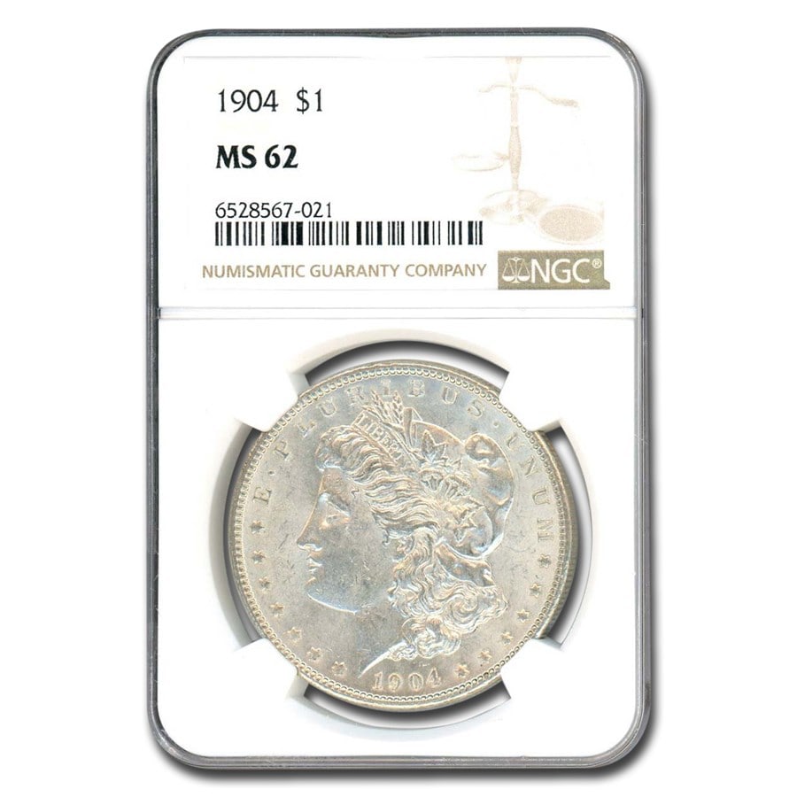 1904 Morgan Dollar MS-62 NGC: 1904 Morgan Dollar MS-62 NGC Product ID: 55967 Year: 1904 Grade: MS-62 Grade Service: NGC Denomination: $1.00 Mint Mark: P - Philadelphia (Not Shown) Metal Content: 0.7734 troy oz