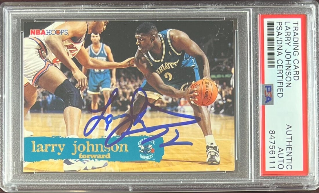 Larry Johnson auto 1995 NBA Hoops #18 card Charlotte Hornets PSA Encapsulated: Larry Johnson auto 1995 NBA Hoops #18 card Charlotte Hornets PSA Encapsulated Larry Johnson auto 1995 NBA Hoops #18 card Charlotte Hornets PSA Encapsulated RBJ no:7369073852504
