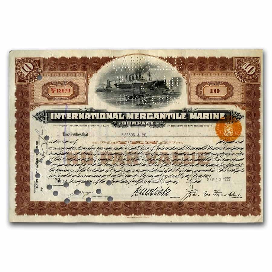 Int. Mercantile Marine Co. "Titanic" Newer Stock Cert (Brown): Int. Mercantile Marine Co. "Titanic" Newer Stock Cert (Brown) Product ID: 257612 Year: N/A Grade: (U) Uncirculated Grade Service: None Denomination: N/A Mint Mark: N/A - Not Available Met