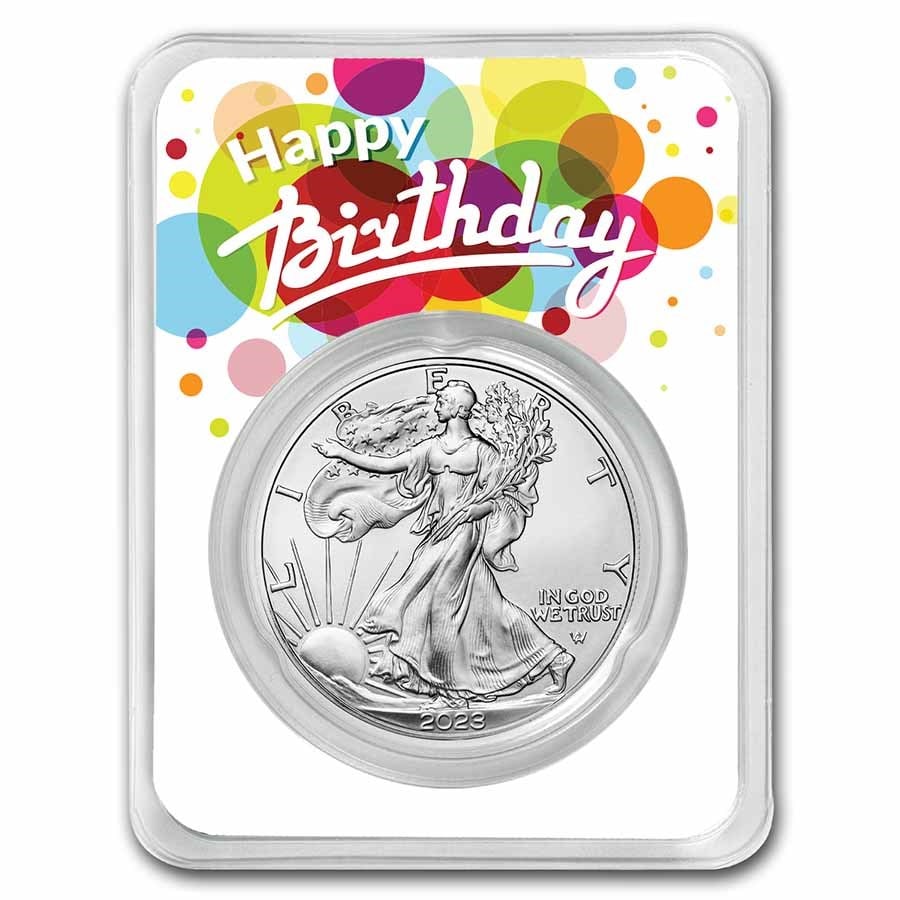 2023 1 oz Silver Eagle - w/Happy Birthday, White Card, In TEP: 2023 1 oz Silver Eagle - w/Happy Birthday, White Card, In TEP Product ID: 270450 Year: 2023 Grade: Brilliant Unc Grade Service: Other Denomination: 1 Dollar Mint Mark: W - West Point (Not Shown) <