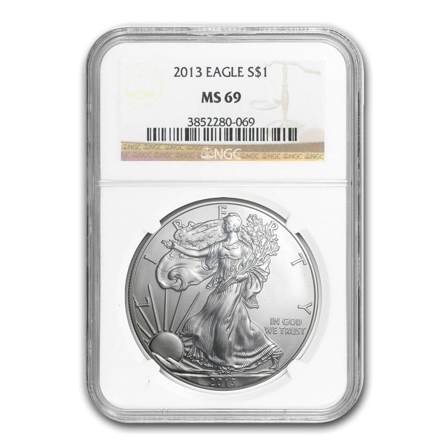 2013 American Silver Eagle MS-69 NGC: 2013 American Silver Eagle MS-69 NGC Product ID: 80796 Year: 2013 Grade Service: NGC Denomination: 1 Dollar Metal Content: 1 troy oz Purity: .999 Thickness: 2.98 mm Diameter: 40.