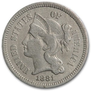 1881 3 Cent Nickel Fine: 1881 3 Cent Nickel Fine Product ID: 40062 Year: 1881 Grade: Fine Grade Service: None Denomination: 3 Cents Mint Mark: P - Philadelphia (Not Shown) Metal Content: 0 troy oz Purity