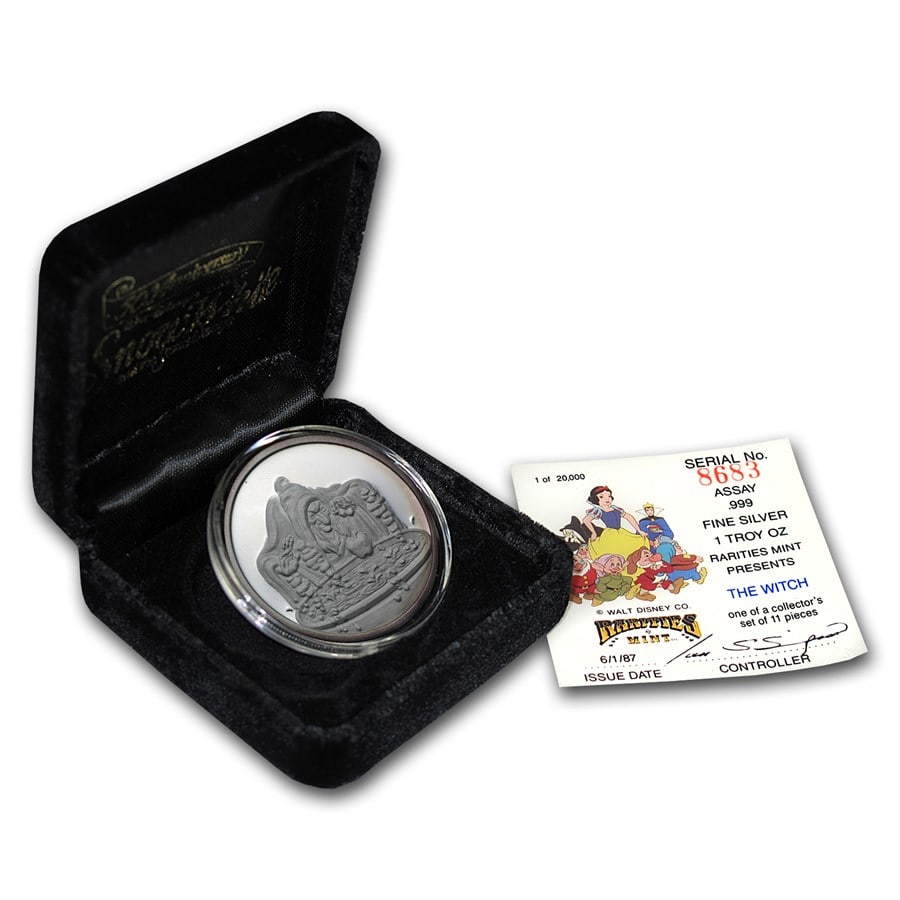 1 oz Silver - Disneys Snow White 50th Anniv (Witch, w/Box & COA): 1 oz Silver - Disneys Snow White 50th Anniv (Witch, w/Box & COA) Product ID: 35519 Year: 1987 Grade: None Grade Service: None Mint Mark: N/A - Not Available Metal Content: 1 troy oz Purit