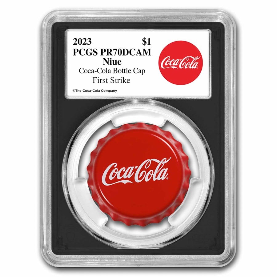 Coca-Cola 2023 6 gram Silver Bottle Cap - PR-70 PCGS (FS): Coca-Cola 2023 6 gram Silver Bottle Cap - PR-70 PCGS (FS) Product ID: 282200 Year: 2023 Grade: Proof - 70 DCAM Grade Service: PCGS Denomination: 1 Dollar Mint Mark: N/A - Not Available Me