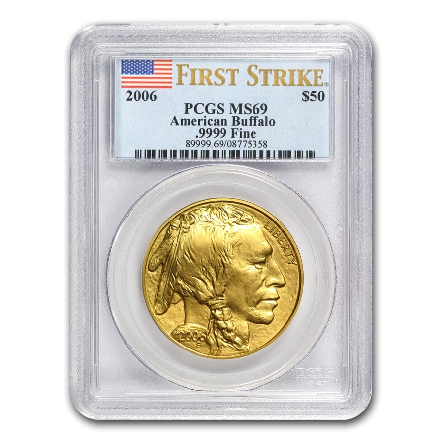 2006 1 oz Gold Buffalo MS-69 PCGS (FirstStrike): 2006 1 oz Gold Buffalo MS-69 PCGS (FirstStrike) Product ID: 15307 Year: 2006 Grade Service: PCGS Denomination: $50.00 Metal Content: 1 troy oz Purity: .9999 Thickness: 2.95 mm Di