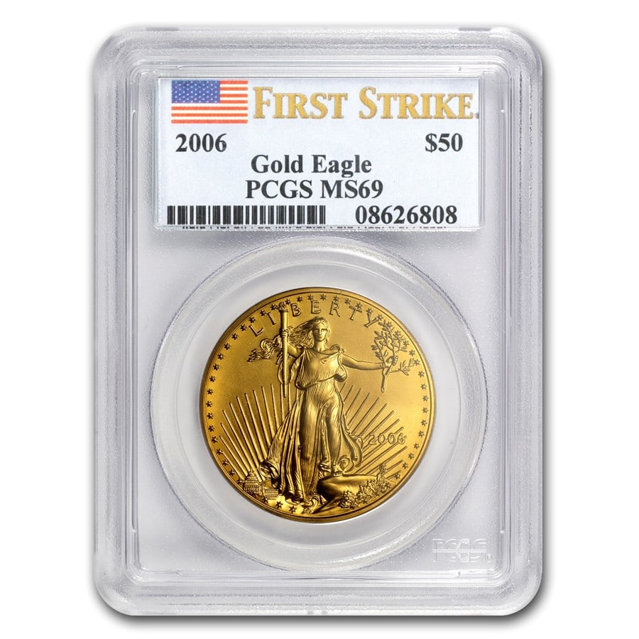 2006 1 oz American Gold Eagle MS-69 PCGS (FirstStrike): 2006 1 oz American Gold Eagle MS-69 PCGS (FirstStrike) Product ID: 11963 Year: 2006 Grade: MS-69 Grade Service: PCGS Denomination: $50 Mint Mark: W - West Point (Not Shown) Metal Content: