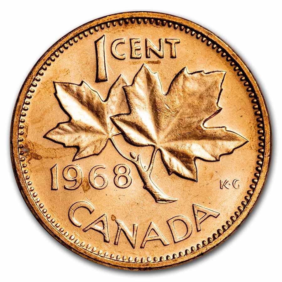 1968 Canada Copper Cent BU/Prooflike: 1968 Canada Copper Cent BU/Prooflike Product ID: 250250 Year: 1968 Grade: BU &/or Proof Grade Service: None Denomination: 1 Cent Mint Mark: RCM (Not Shown) Metal Content: 0 AVDP oz