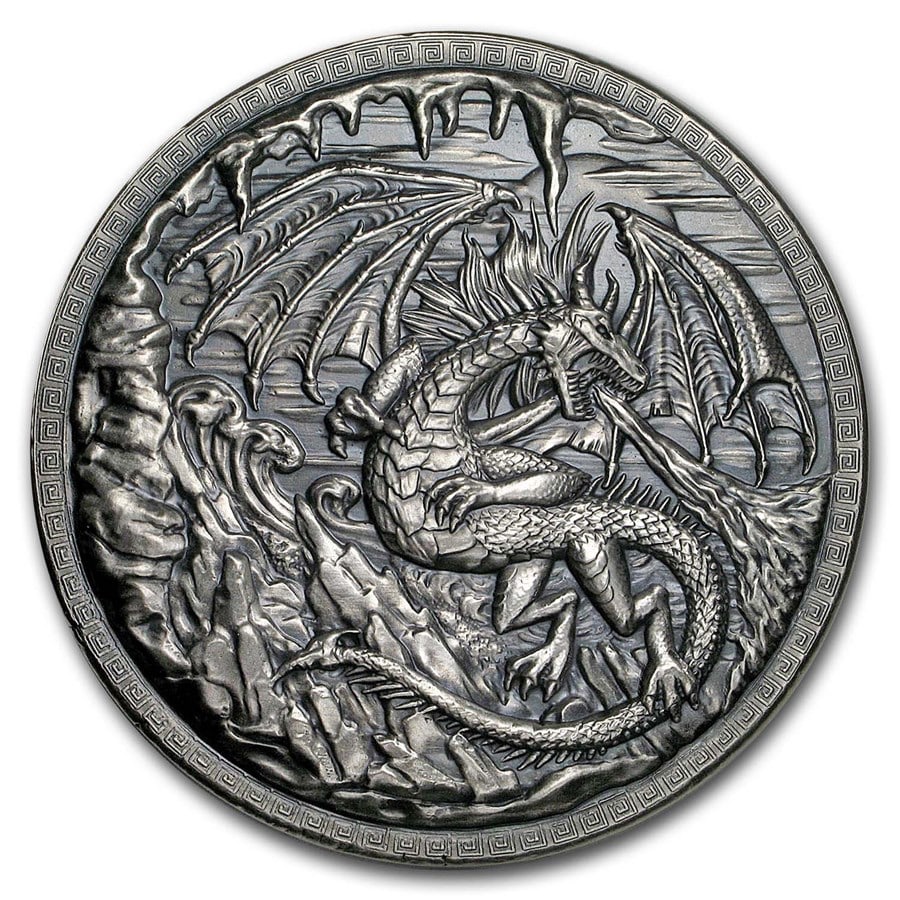 10 oz Silver Ultra High Relief Round - Dragon vs Vikings (w/Box): 10 oz Silver Ultra High Relief Round - Dragon vs Vikings (w/Box) Product ID: 187509 Year: N/A Grade: None Grade Service: None Denomination: 10 oz Mint Mark: N/A - Not Available Metal Cont