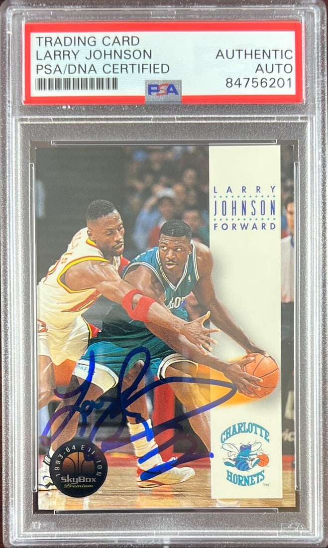 Larry Johnson auto 1993 SkyBox #39 card Charlotte Hornets PSA Encapsulated: Larry Johnson auto 1993 SkyBox #39 card Charlotte Hornets PSA Encapsulated Larry Johnson auto 1993 SkyBox #39 card Charlotte Hornets PSA Encapsulated RBJ no: 7369073983576