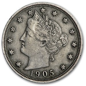 1905 Liberty Head V Nickel Good+: 1905 Liberty Head V Nickel Good+ Product ID: 7937 Year: 1905 Grade: Good Grade Service: None Denomination: 5 Cents Mint Mark: P - Philadelphia (Not Shown) Metal Content: 0 troy oz