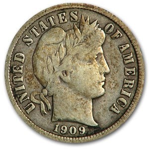 1909 Barber Dime Fine: 1909 Barber Dime Fine Product ID: 16907 Year: 1909 Grade: Fine Grade Service: None Denomination: 10 Cents Mint Mark: P - Philadelphia (Not Shown) Metal Content: 0.0715 troy oz Pu