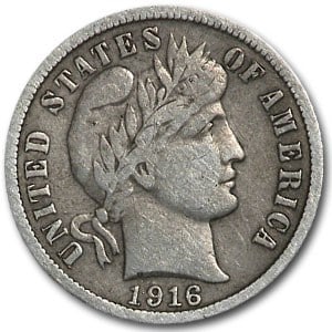 1916 Barber Dime VF: 1916 Barber Dime VF Product Id: 16940 Year: 1916 Grade: Very Fine Grade Service: None Denomination: 10 Cents Mint Mark: P - Philadelphia (Not Shown) Metal Content: 0.0715 troy oz