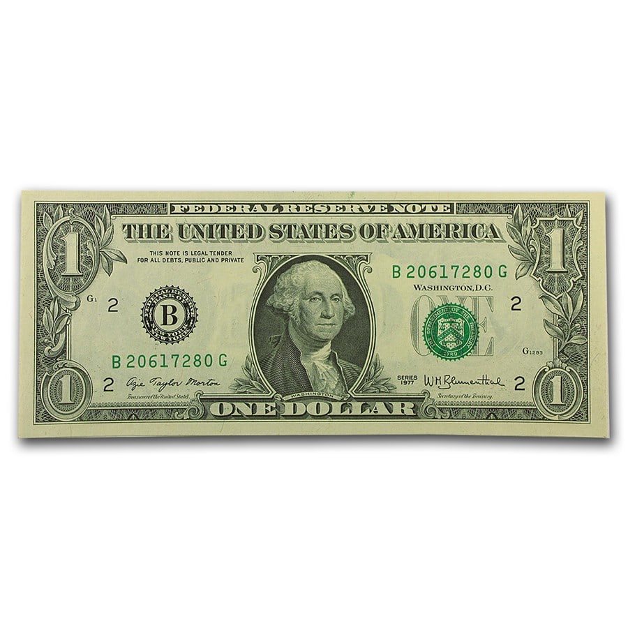 1977 (B-New York) $1.00 FRN CU (Fr#1909-B): 1977 (B-New York) $1.00 FRN CU (Fr#1909-B) Product Id: 18174 Year: 1977 Grade: (U) Crisp Unc Grade Service: None Denomination: 1 Dollar Mint Mark: B - New York Metal Content: 0 troy oz