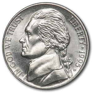 1995-D Jefferson Nickel BU: 1995-D Jefferson Nickel BU Product ID: 6657 Year: 1995 Grade: Brilliant Unc Grade Service: None Denomination: 5 Cents Mint Mark: D - Denver Metal Content: 0 troy oz Purity: N/A <