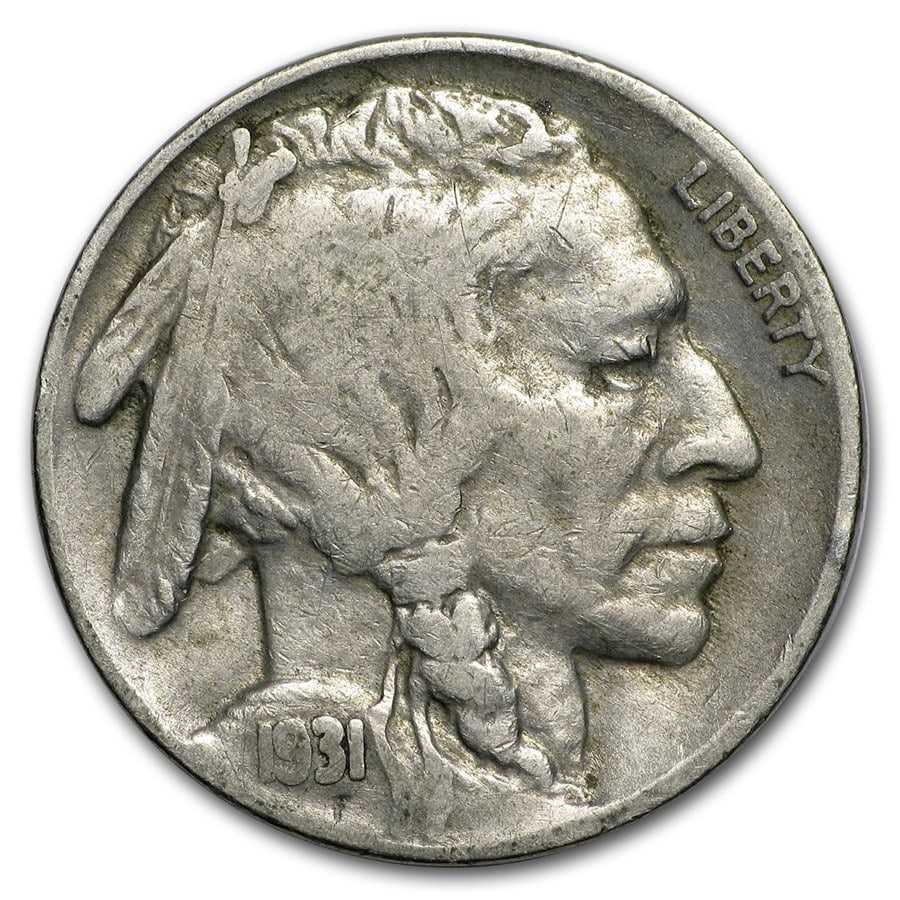 1931-S Buffalo Nickel Good-Fine: 1931-S Buffalo Nickel Good-Fine Product ID: 9944 Year: 1931 Grade: Good or Better Grade Service: None Denomination: 5 Cents Mint Mark: S - San Francisco Metal Content: 0 troy oz