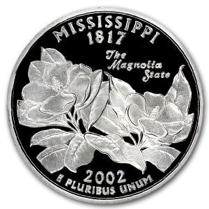 2002-S Mississippi State Quarter Gem Proof (Silver): 2002-S Mississippi State Quarter Gem Proof (Silver) Product ID: 47201 Year: 2002 Grade: Gem Proof Grade Service: None Denomination: 25 Cents Mint Mark: S - San Francisco Metal Content: 0.