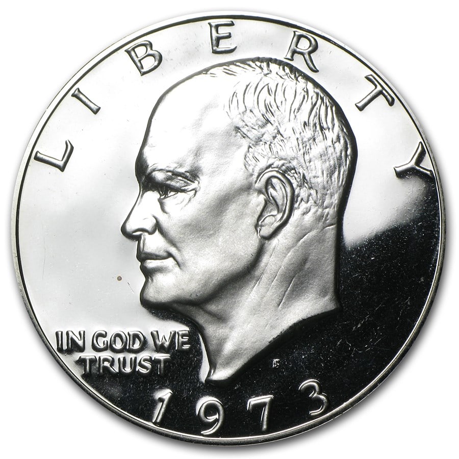 1973-S 40% Silver Eisenhower Dollar Gem Proof: 1973-S 40% Silver Eisenhower Dollar Gem Proof Product ID: 4978 Year: 1973 Grade: Proof Grade Service: None Denomination: $1.00 Mint Mark: S - San Francisco Metal Content: 0.3161 troy oz <