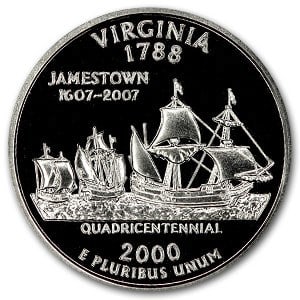 2000-S Virginia State Quarter Gem Proof: 2000-S Virginia State Quarter Gem Proof Product ID: 47067 Year: 2000 Grade: Gem Proof Grade Service: None Denomination: 25 Cents Mint Mark: S - San Francisco Metal Content: 0 troy oz