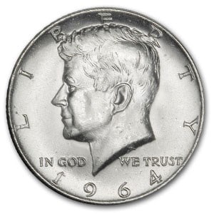 1964 Kennedy Half Dollar BU: 1964 Kennedy Half Dollar BU Product ID: 6005 Year: 1964 Grade: Brilliant Unc Grade Service: None Denomination: 50 Cents Mint Mark: P - Philadelphia (Not Shown) Metal Content: 0.3575 troy