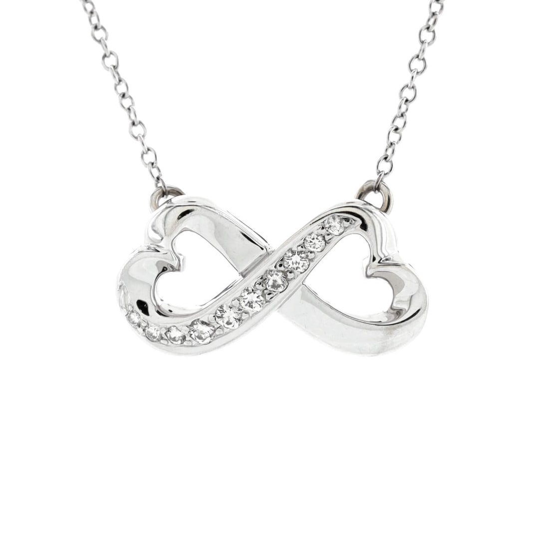 Tiffany & Co. Paloma Picasso Double Loving Heart Pendant Necklace 18K White Gold with Diamonds: Tiffany & Co. Paloma Picasso Double Loving Heart Pendant Necklace 18K White Gold with Diamonds Metal Type: 18K White Gold Metal Finish: High Polish Hallmarks Type: 750, Designer Signature Signature / 