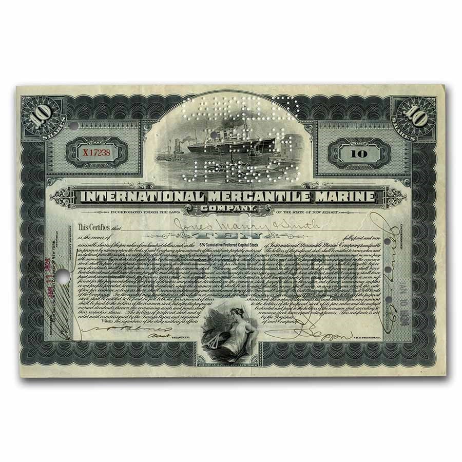 Int. Mercantile Marine Co. "Titanic" Older Stock Cert (Blue): Int. Mercantile Marine Co. "Titanic" Older Stock Cert (Blue) Product ID: 257625 Year: N/A Grade: (U) Uncirculated Grade Service: None Denomination: N/A Mint Mark: N/A - Not Available Meta