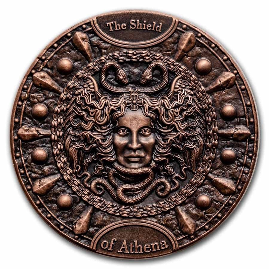 2021 Niue 2 oz Silver Shield of Athena with Copper Plating: 2021 Niue 2 oz Silver Shield of Athena with Copper Plating Product ID: 252201 Year: 2021 Grade: Uncirculated Grade Service: None Denomination: 5 Dollars Mint Mark: Not Shown Metal Content