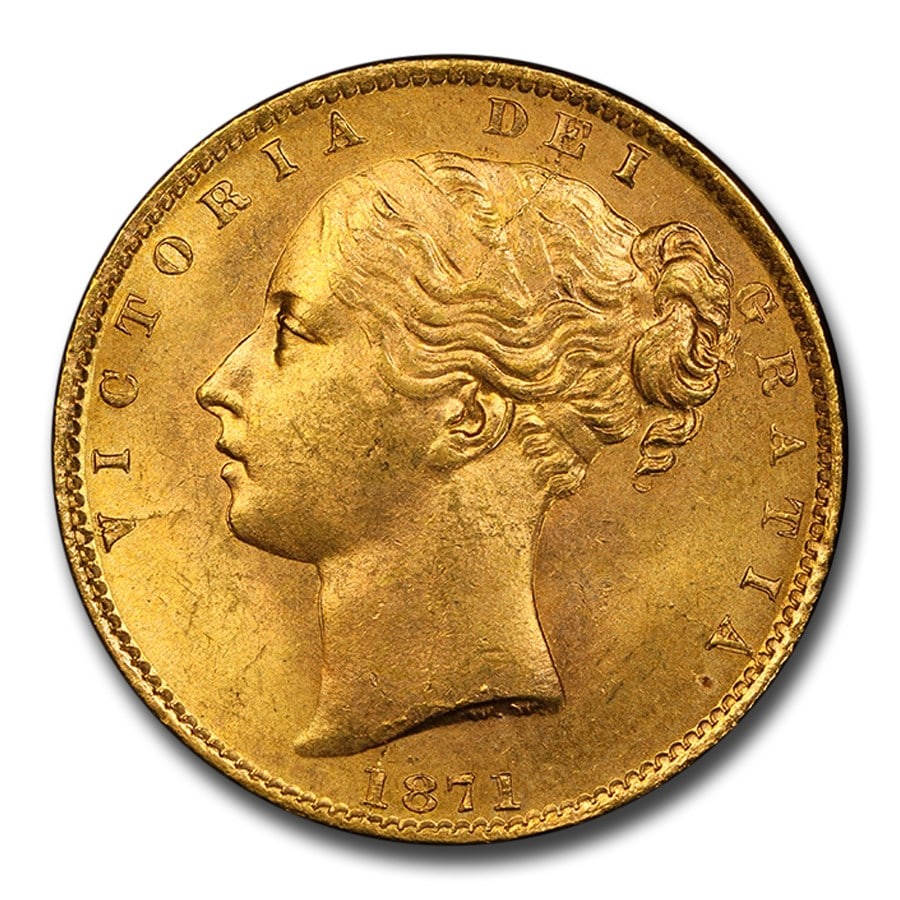 1871 Great Britain Gold Sovereign Victoria MS-64 PCGS: 1871 Great Britain Gold Sovereign Victoria MS-64 PCGS Product ID: 225059 Year: 1871 Grade Service: PCGS Denomination: 1 Sovereign Metal Content: 0.2355 troy oz Purity: .917 Thickness: N/A