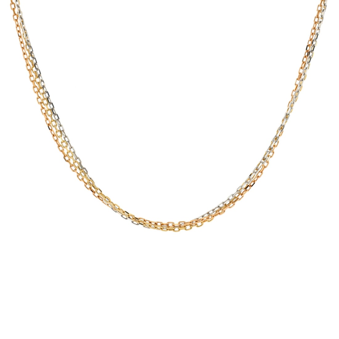 Cartier Trinity Chain Necklace 18K Tricolor Gold: Cartier Trinity Chain Necklace 18K Tricolor Gold Metal Type: 18K Tri Colored Gold Metal Finish: High Polish Hallmarks Type: 750, Designer Signature, Makers Mark, Serial Number Signature / Hallmark Loc