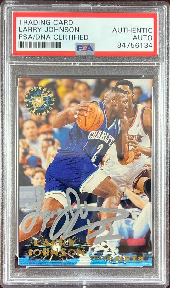 Larry Johnson auto 1996 Topps #283 card Charlotte Hornets PSA Encapsulated: Larry Johnson auto 1996 Topps #283 card Charlotte Hornets PSA Encapsulated Larry Johnson auto 1996 Topps #283 card Charlotte Hornets PSA Encapsulated RBJ no: 7369074016344