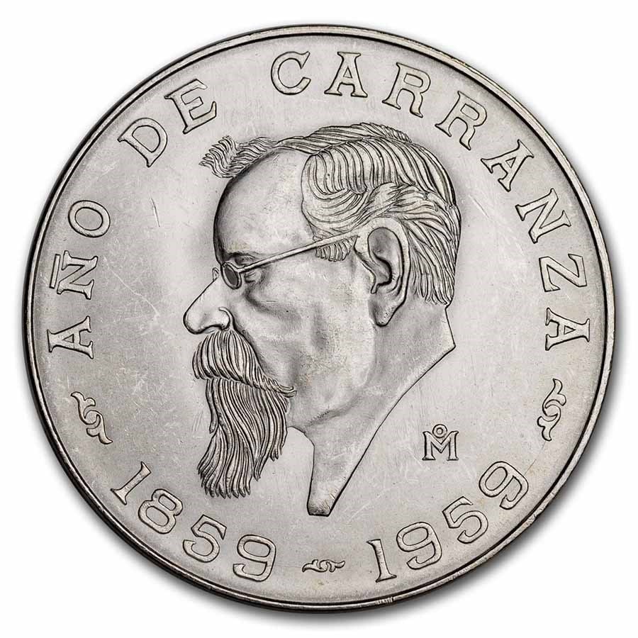 1959 Mexico Silver 5 Pesos Carranza BU: 1959 Mexico Silver 5 Pesos Carranza BU Product ID: 270654 Year: 1959 Grade: Brilliant Unc Grade Service: None Denomination: 5 Pesos Mint Mark: Mo - Mexico City Metal Content: 0.4179 troy