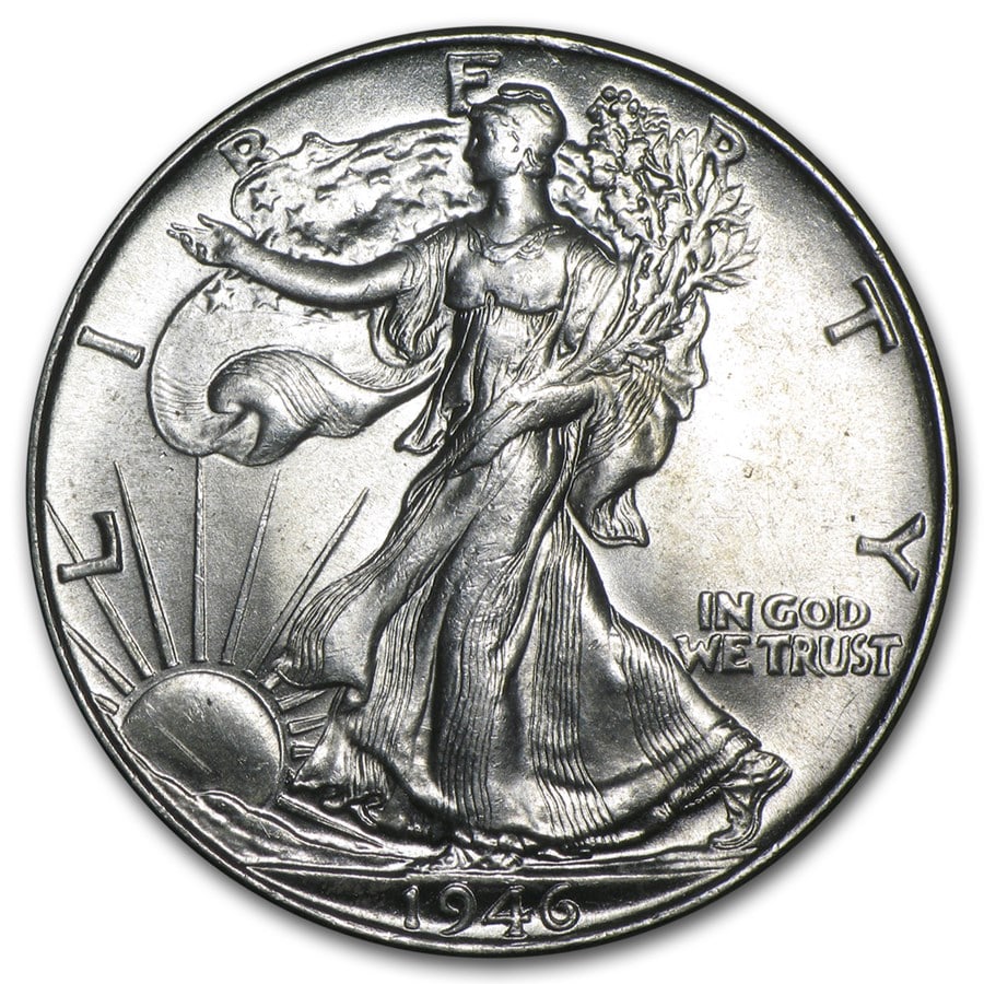 1946 Walking Liberty Half Dollar BU: 1946 Walking Liberty Half Dollar BU Product ID: 15255 Year: 1946 Grade: Brilliant Unc Grade Service: None Denomination: $0.50 Mint Mark: P - Philadelphia (Not Shown) Metal Content: 0.3575