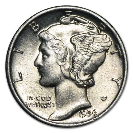 1936 Mercury Dime BU: 1936 Mercury Dime BU Product ID: 2328 Year: 1936 Grade: Brilliant Unc Grade Service: None Denomination: $0.10 Mint Mark: P - Philadelphia (Not Shown) Metal Content: 0.0715 troy oz