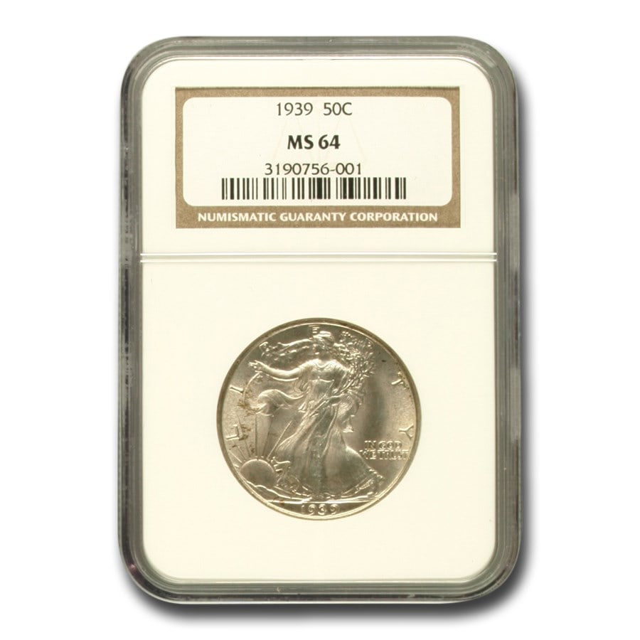 1939 Walking Liberty Half Dollar MS-64 NGC: 1939 Walking Liberty Half Dollar MS-64 NGC Product ID: 253168 Year: 1939 Grade Service: NGC Denomination: $0.50 Metal Content: 0.3617 troy oz Purity: .900 Diameter: 30.6 mm
