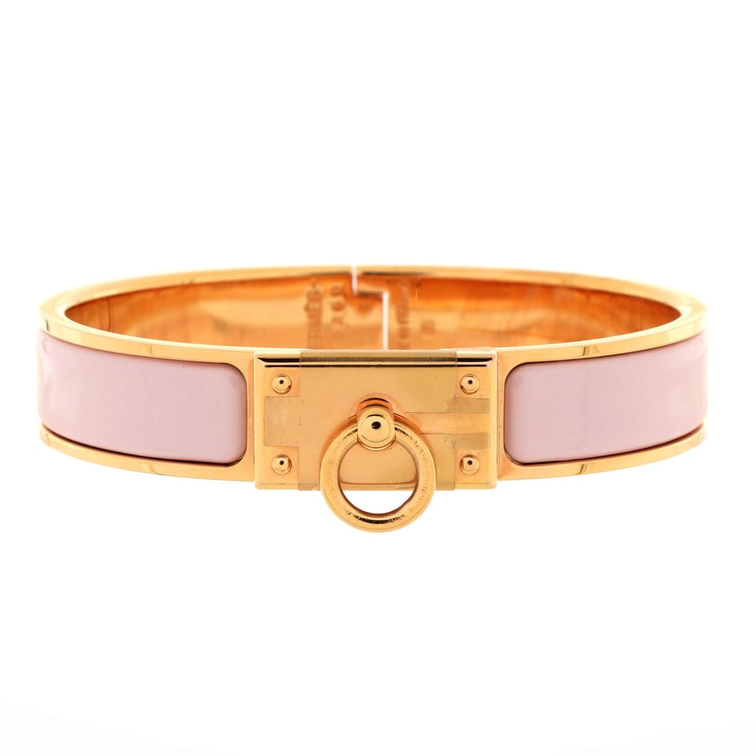 Hermes Clic Anneau Bracelet Enamel: Hermes Clic Anneau Bracelet Enamel Exterior Color: Pink Material: Enamel, Metal Accessories: No accessories RBJ no: BT.HM.CNAT.ENML Item No: 228184/1 SIZE AND FIT: Circumference: 6.25 ", Width: 12