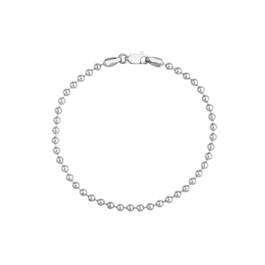14K w/hite Gold 3 mm Bead Chain Bracelet w/ Lobster - 7.5 in.: 14K w/hite Gold 3 mm Bead Chain Bracelet w/ Lobster - 7.5 in. Product ID: 261169 Purity: 14K Finish: Polished Length Of Item: 7.5in Chain Type: Bead Chain Width: 3mm Clasp/Connector: Lobs