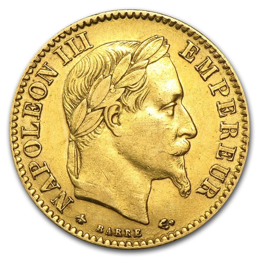 1861-1869 France Gold 10 Francs Napoleon III Laureate (AU): 1861-1869 France Gold 10 Francs Napoleon III Laureate (AU) Product ID: 44334 Year: Random Grade: Almost Unc Grade Service: None Denomination: 10 Francs Mint Mark: Varies Metal Content: 0.