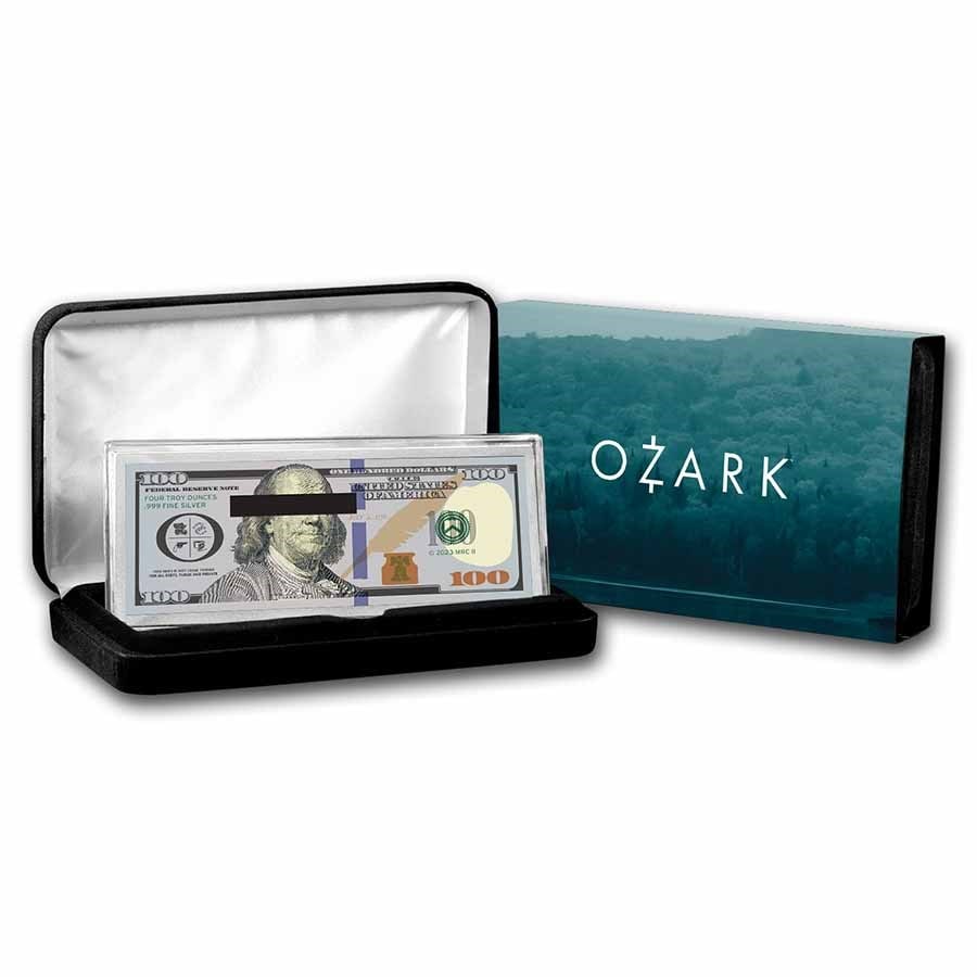 4 oz Silver Bar - Ozark $100 Bill (w/Box & COA): 4 oz Silver Bar - Ozark $100 Bill (w/Box & COA) Product ID: 271838 Grade: None Grade Service: None Mint Mark: N/A - Not Available Metal Content: 4 troy oz Purity: .999 Thickness: 1.4 mm <