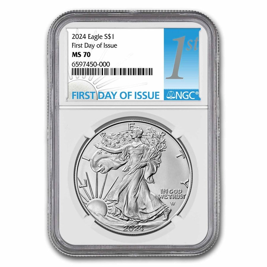 2024 American Silver Eagle MS-70 NGC (First Day of Issue): 2024 American Silver Eagle MS-70 NGC (First Day of Issue) Product ID: 284480 Year: 2024 Grade: MS-70 Grade Service: NGC Denomination: 1 Dollar Mint Mark: Not Shown Metal Content: 1 troy o