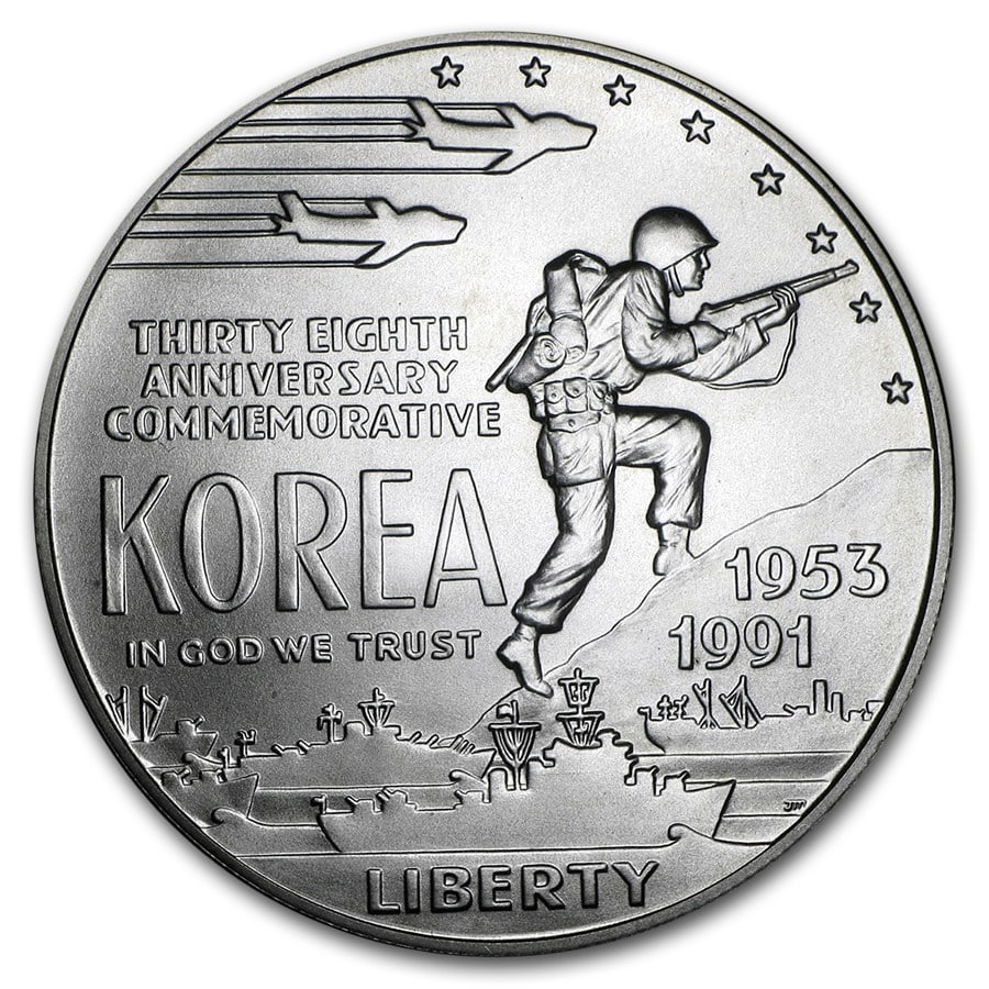 1991-D Korean War $1 Silver Commem BU (w/Box & COA): 1991-D Korean War $1 Silver Commem BU (w/Box & COA) Product ID: 6983 Year: 1991 Grade: Brilliant Unc Grade Service: None Denomination: $1.00 Dollar Mint Mark: D - Denver Metal Content: 0.