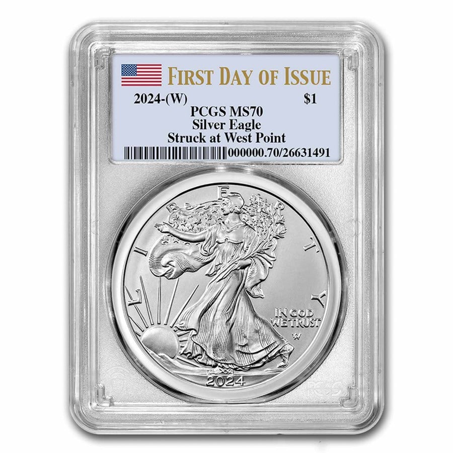 2024-(W) American Silver Eagle MS-70 PCGS (First Day of Issue): 2024-(W) American Silver Eagle MS-70 PCGS (First Day of Issue) Product ID: 284590 Year: 2024 Grade: MS-70 Grade Service: PCGS Denomination: 1 Dollar Mint Mark: W - West Point (Not Shown)
