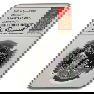2020-W 1 oz Proof American Platinum Eagle PF-70 NGC (Bressett): 2020-W 1 oz Proof American Platinum Eagle PF-70 NGC (Bressett) Product ID: 233140 Year: 2020 Grade Service: NGC Denomination: 100 Dollars Metal Content: 1 troy oz Purity: .9995 Thickness: